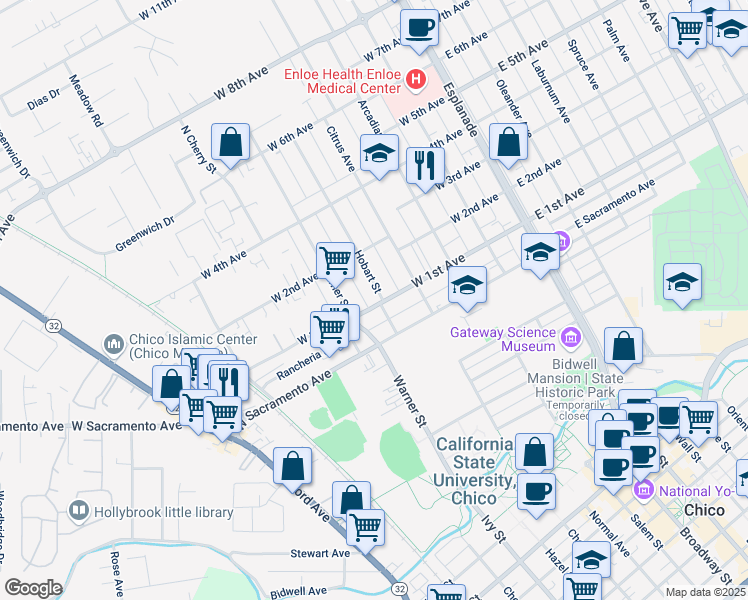 map of restaurants, bars, coffee shops, grocery stores, and more near 534 West 1st Avenue in Chico