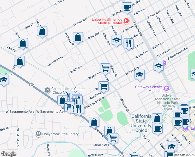 map of restaurants, bars, coffee shops, grocery stores, and more near 647 West 2nd Avenue in Chico