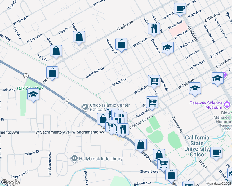 map of restaurants, bars, coffee shops, grocery stores, and more near 842 West 2nd Avenue in Chico