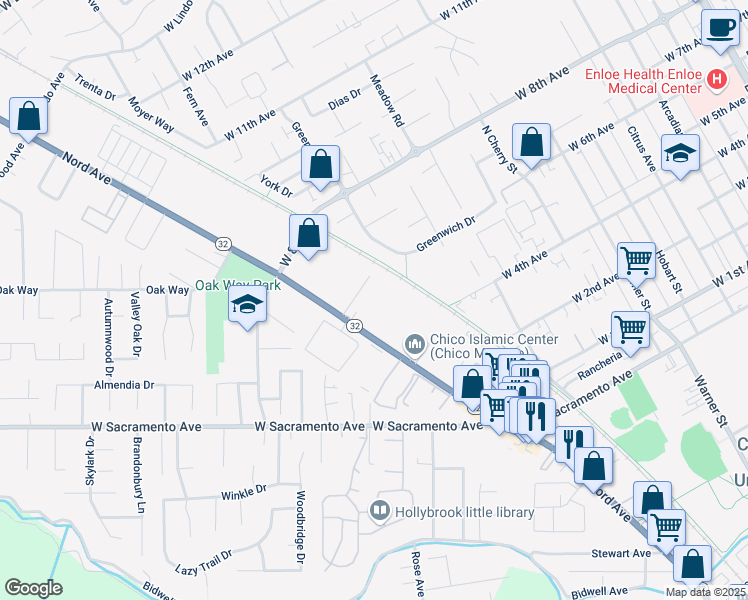 map of restaurants, bars, coffee shops, grocery stores, and more near 1436 Nord Avenue in Chico