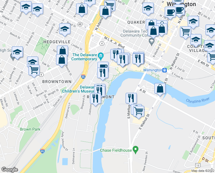 map of restaurants, bars, coffee shops, grocery stores, and more near 500 Harlan Boulevard in Wilmington