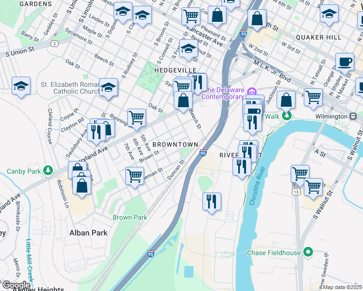 map of restaurants, bars, coffee shops, grocery stores, and more near 817 Wright Street in Wilmington