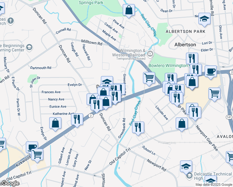 map of restaurants, bars, coffee shops, grocery stores, and more near 3615 Kirkwood Highway in Wilmington