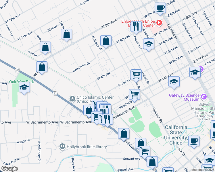 map of restaurants, bars, coffee shops, grocery stores, and more near 808 West 2nd Avenue in Chico
