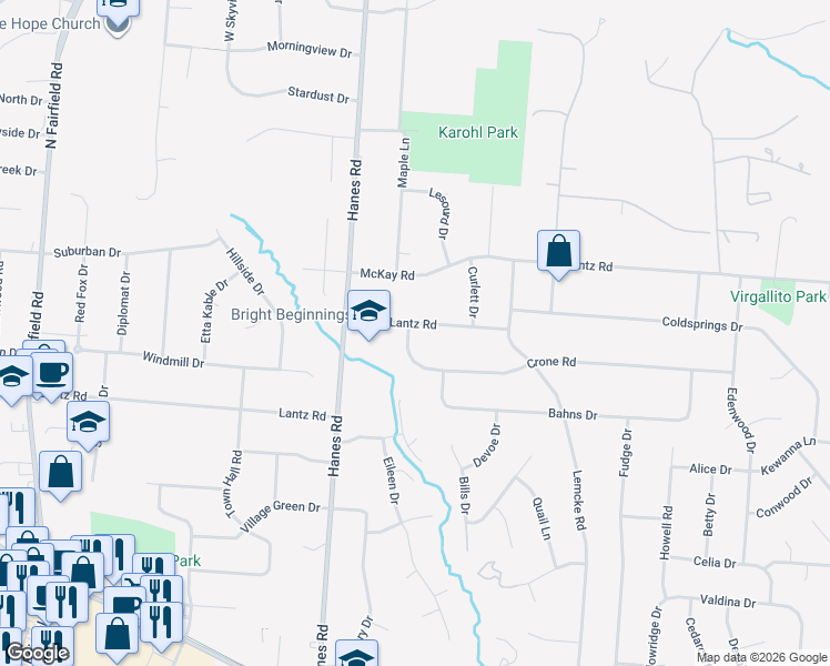 map of restaurants, bars, coffee shops, grocery stores, and more near 2945 Lantz Road in Beavercreek