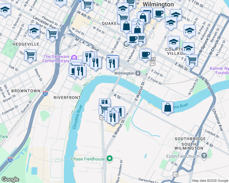 map of restaurants, bars, coffee shops, grocery stores, and more near in Wilmington