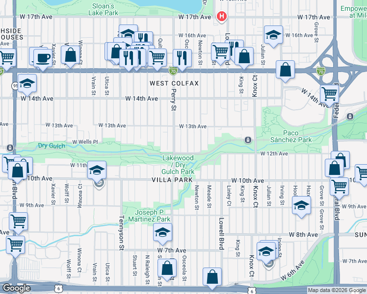 map of restaurants, bars, coffee shops, grocery stores, and more near 1200 Perry Street in Denver