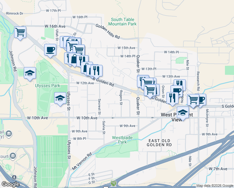 map of restaurants, bars, coffee shops, grocery stores, and more near 1115 Rogers Street in Golden