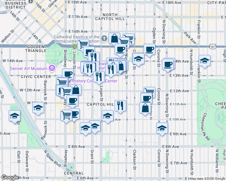 map of restaurants, bars, coffee shops, grocery stores, and more near  in Denver