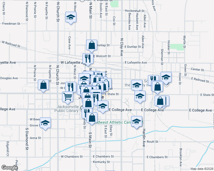 map of restaurants, bars, coffee shops, grocery stores, and more near 300 East Court Street in Jacksonville