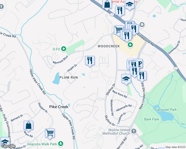 map of restaurants, bars, coffee shops, grocery stores, and more near 3540 Three Little Bakers Boulevard in Wilmington