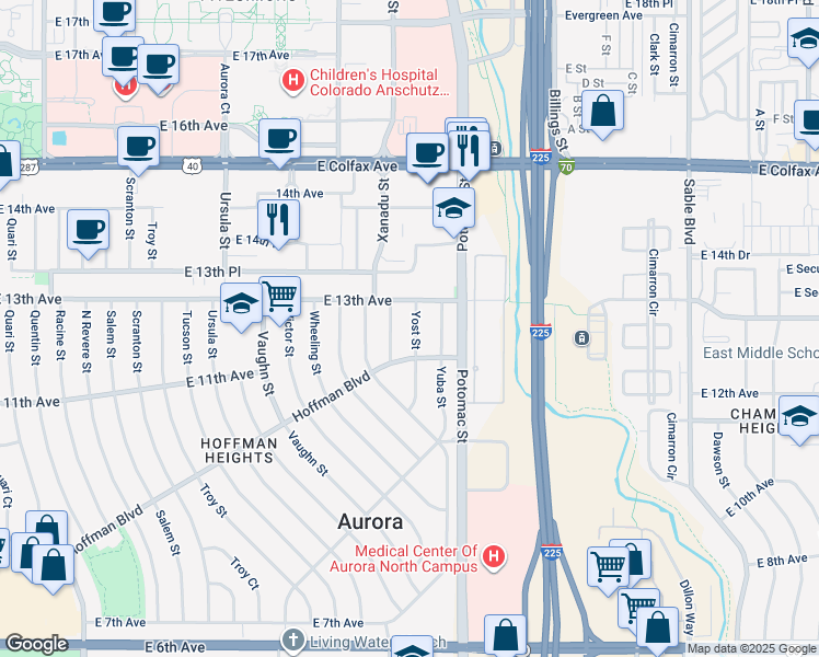 map of restaurants, bars, coffee shops, grocery stores, and more near 1251 Yost Street in Aurora