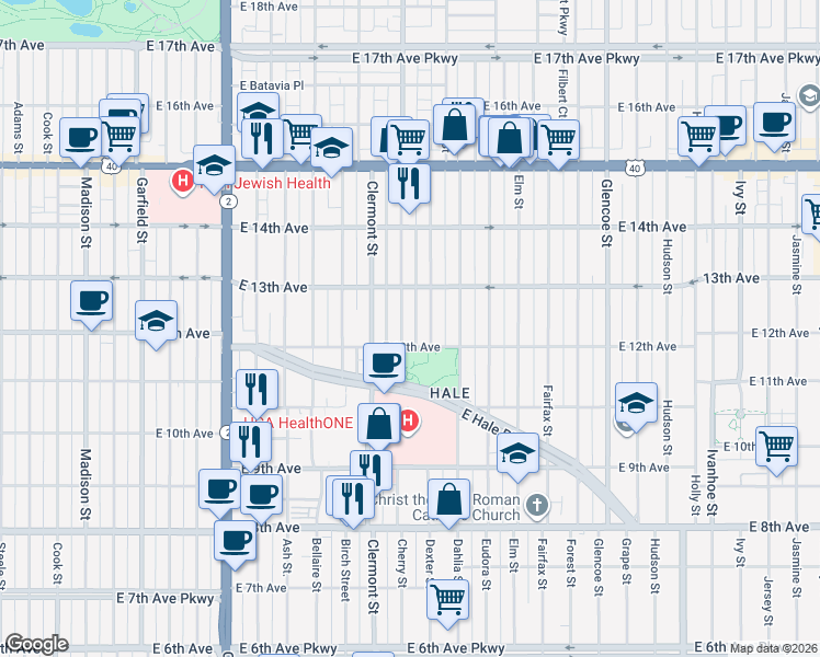 map of restaurants, bars, coffee shops, grocery stores, and more near 1215 Cherry Street in Denver