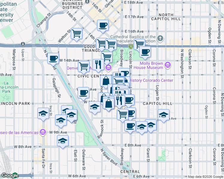 map of restaurants, bars, coffee shops, grocery stores, and more near W 12th Ave & Acoma St in Denver