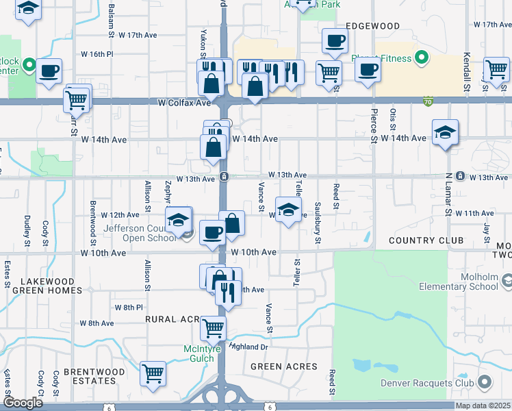 map of restaurants, bars, coffee shops, grocery stores, and more near 7411 West 12th Avenue in Lakewood