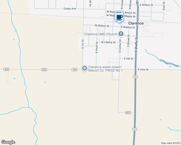 map of restaurants, bars, coffee shops, grocery stores, and more near 600-604 Shelby County 302 in Clarence