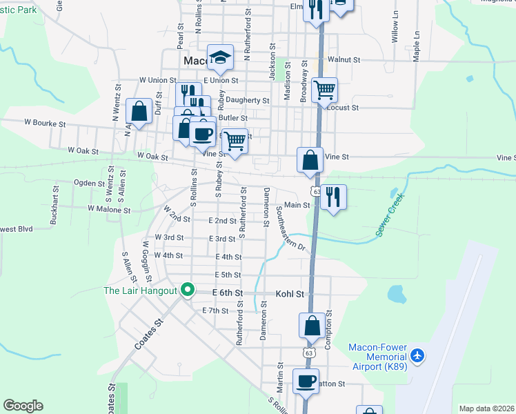 map of restaurants, bars, coffee shops, grocery stores, and more near 308 Main Street in Macon