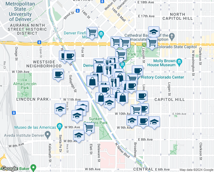 map of restaurants, bars, coffee shops, grocery stores, and more near West 12th Avenue & Cherokee Street in Denver