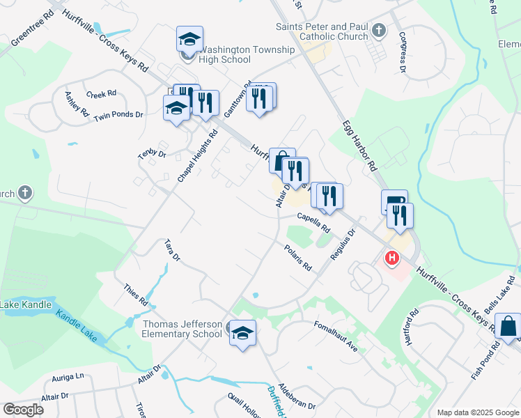 map of restaurants, bars, coffee shops, grocery stores, and more near 106 Capella Road in Washington Township