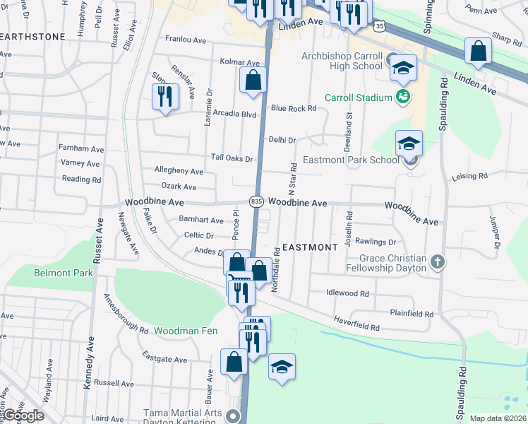 map of restaurants, bars, coffee shops, grocery stores, and more near 1570 Woodman Drive in Dayton
