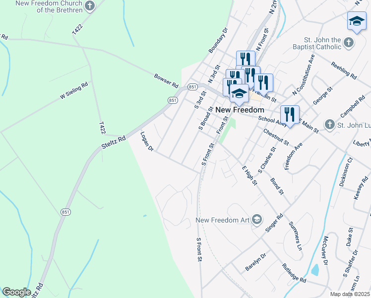 map of restaurants, bars, coffee shops, grocery stores, and more near 112 South Broad Street in New Freedom