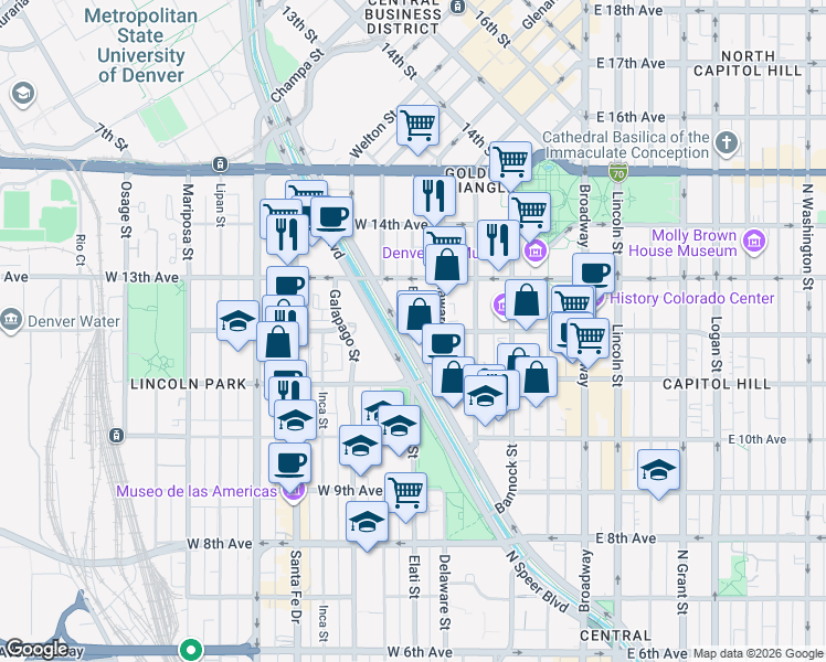 map of restaurants, bars, coffee shops, grocery stores, and more near West 12th Avenue & Elati Street in Denver