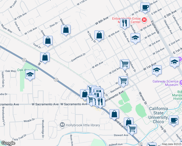 map of restaurants, bars, coffee shops, grocery stores, and more near 1265 North Cedar Street in Chico
