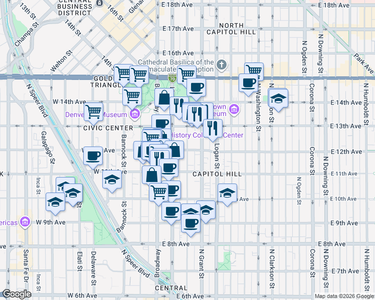 map of restaurants, bars, coffee shops, grocery stores, and more near E 12th Ave & Sherman St in Denver