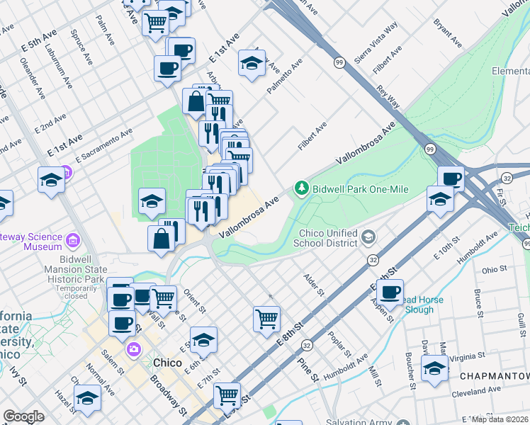map of restaurants, bars, coffee shops, grocery stores, and more near in Chico