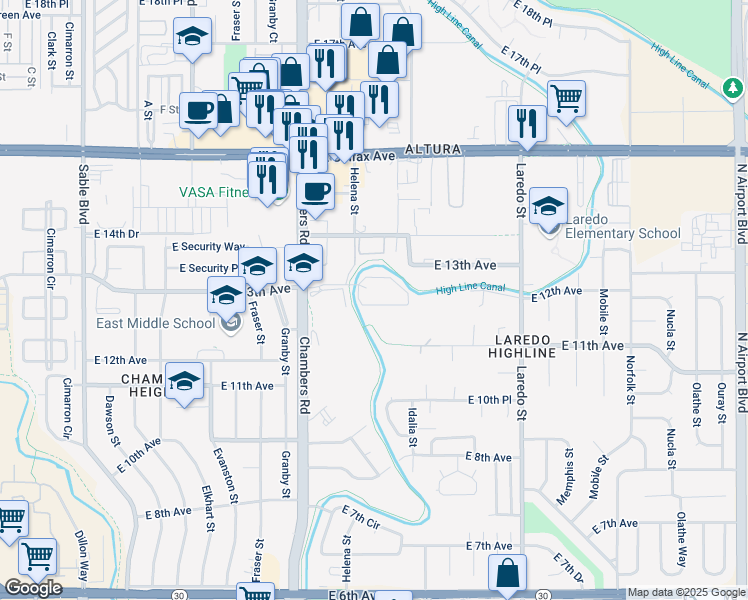 map of restaurants, bars, coffee shops, grocery stores, and more near 15584 East 12th Avenue in Aurora