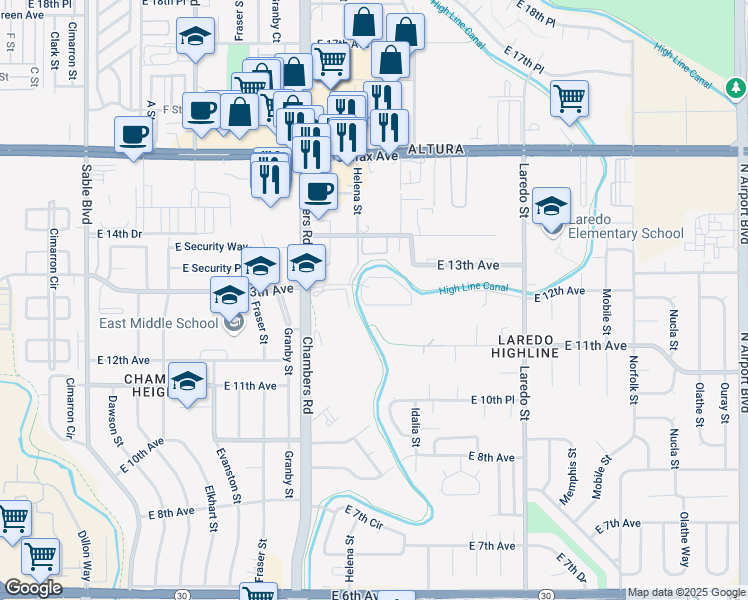 map of restaurants, bars, coffee shops, grocery stores, and more near 15574 East 12th Avenue in Aurora