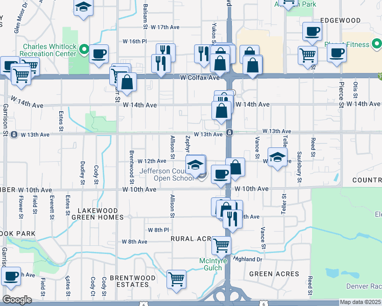 map of restaurants, bars, coffee shops, grocery stores, and more near 7895 West 12th Avenue in Lakewood