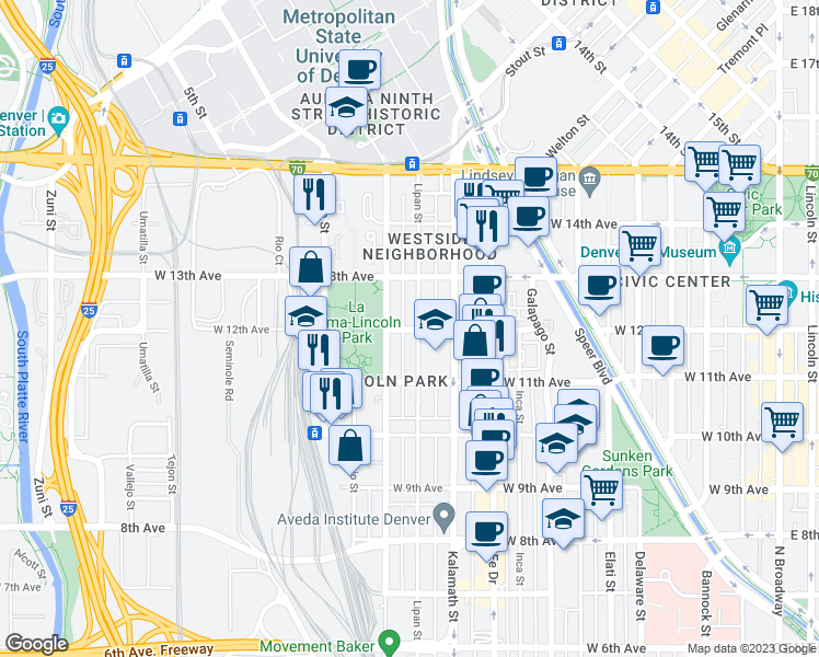 map of restaurants, bars, coffee shops, grocery stores, and more near 1111 West 12th Avenue in Denver