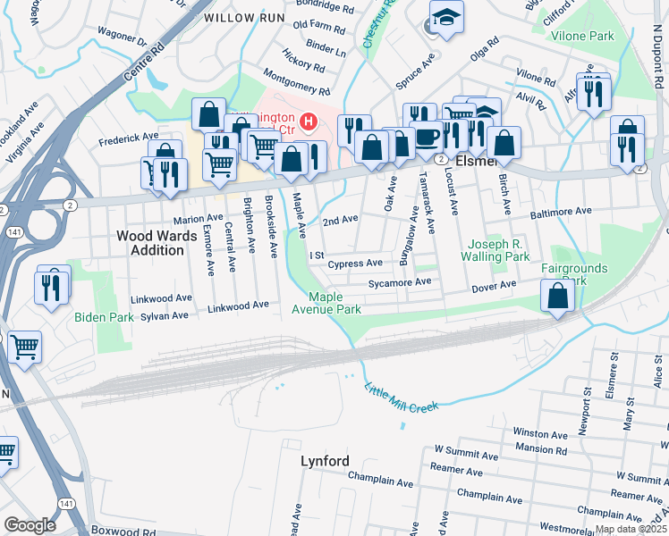map of restaurants, bars, coffee shops, grocery stores, and more near 1410 Cypress Avenue in Wilmington