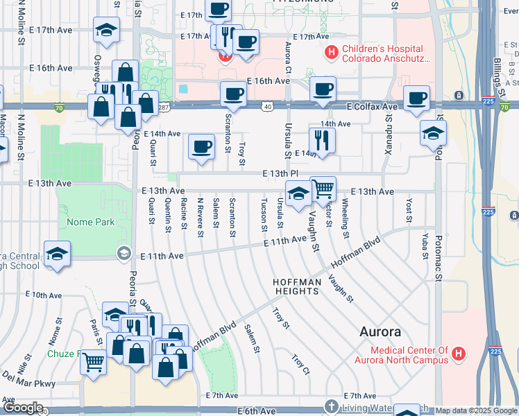 map of restaurants, bars, coffee shops, grocery stores, and more near 1203 Tucson Street in Aurora