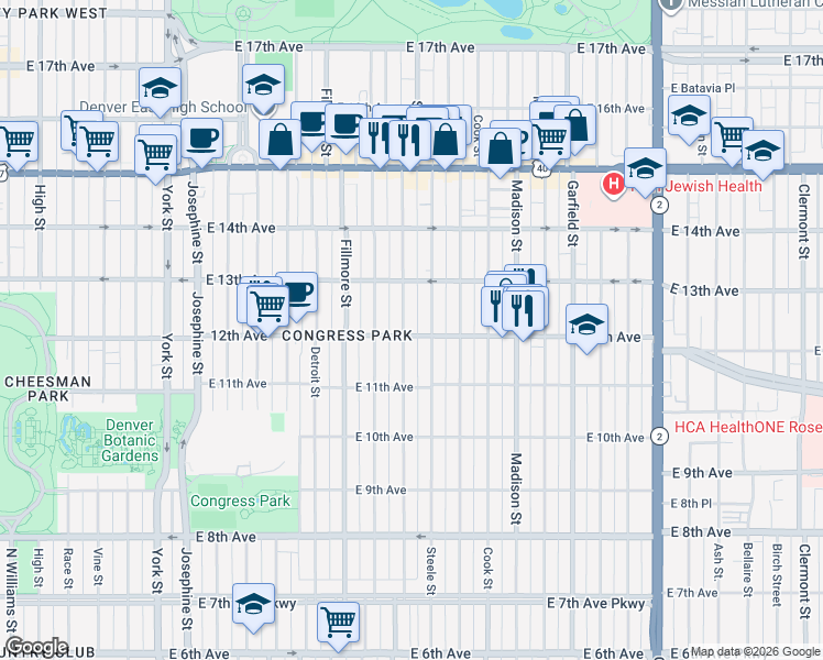 map of restaurants, bars, coffee shops, grocery stores, and more near 1200 Saint Paul Street in Denver