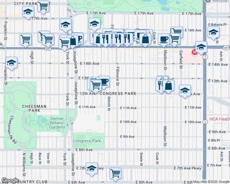 map of restaurants, bars, coffee shops, grocery stores, and more near in Denver