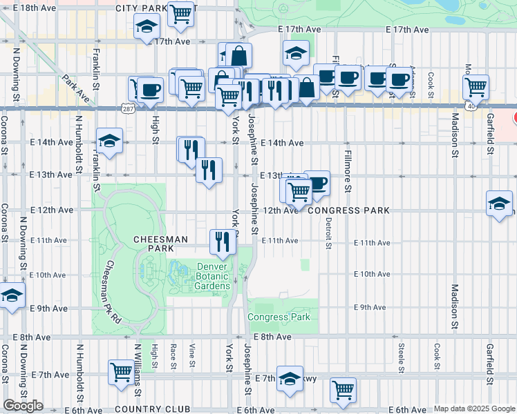 map of restaurants, bars, coffee shops, grocery stores, and more near 1165 Columbine Street in Denver