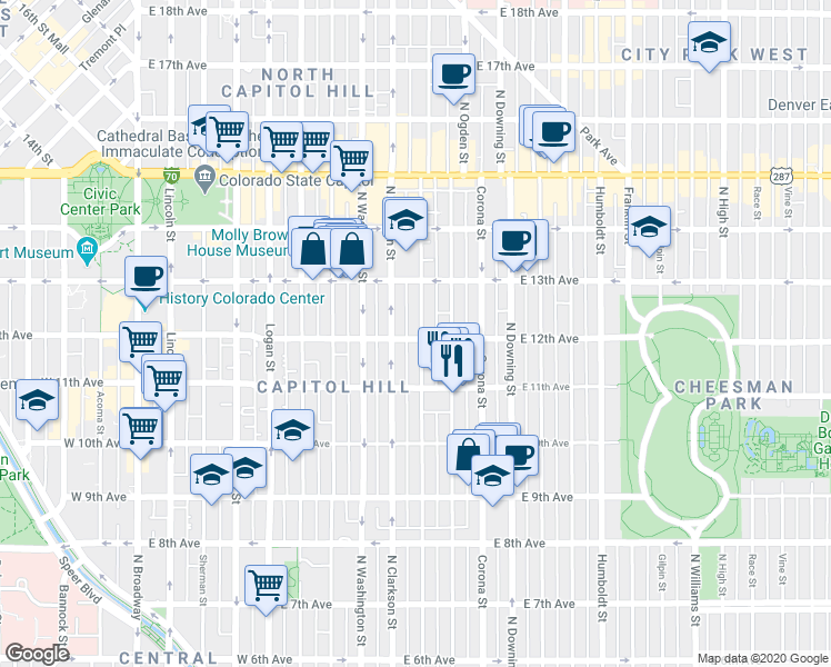 map of restaurants, bars, coffee shops, grocery stores, and more near 910 East 12th Avenue in Denver