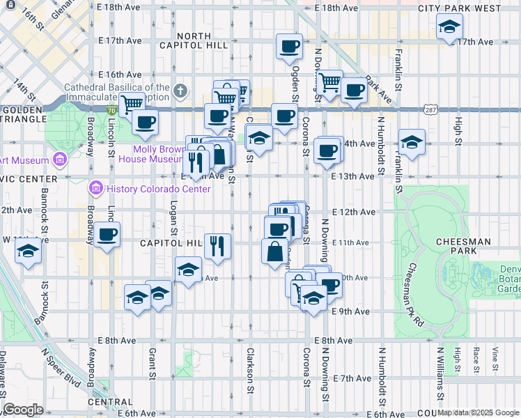 map of restaurants, bars, coffee shops, grocery stores, and more near 810 East 12th Avenue in Denver