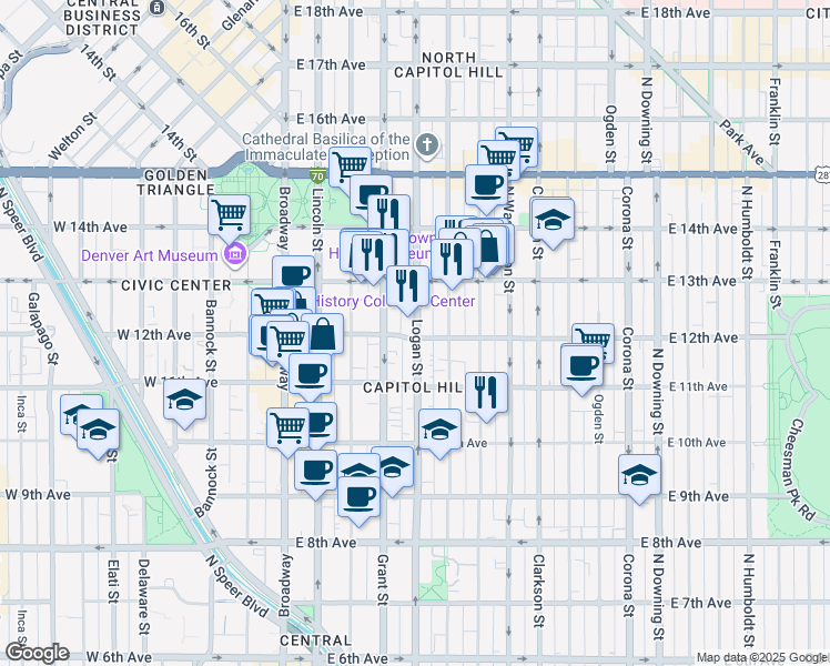 map of restaurants, bars, coffee shops, grocery stores, and more near in Denver