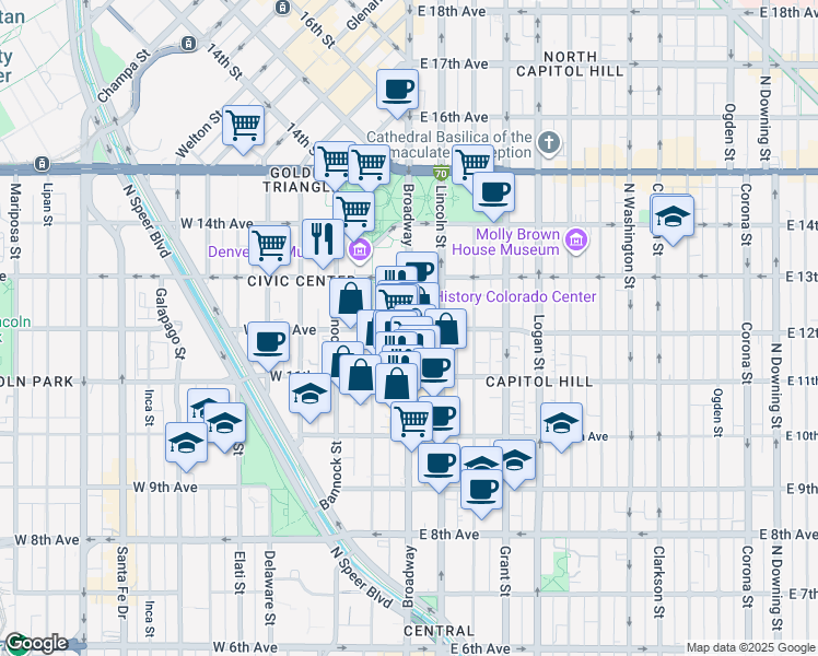 map of restaurants, bars, coffee shops, grocery stores, and more near 1147 Broadway in Denver