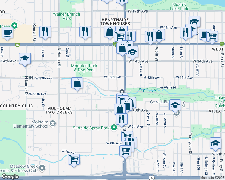 map of restaurants, bars, coffee shops, grocery stores, and more near 1210 Benton Street in Denver