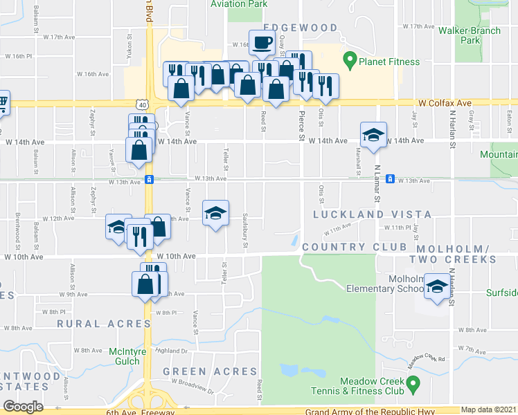 map of restaurants, bars, coffee shops, grocery stores, and more near 1200 Saulsbury Street in Lakewood