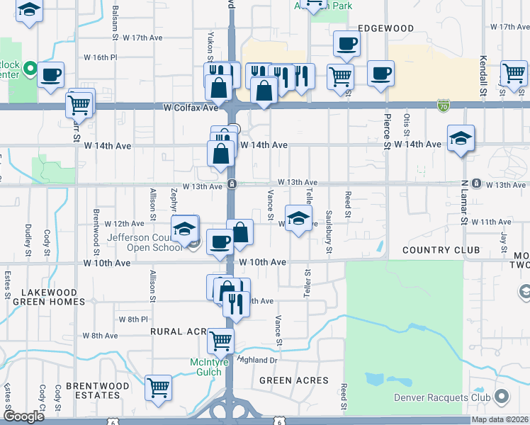 map of restaurants, bars, coffee shops, grocery stores, and more near 7411 West 12th Avenue in Lakewood