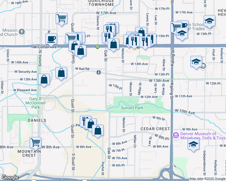 map of restaurants, bars, coffee shops, grocery stores, and more near 10756 West 12th Lane in Lakewood