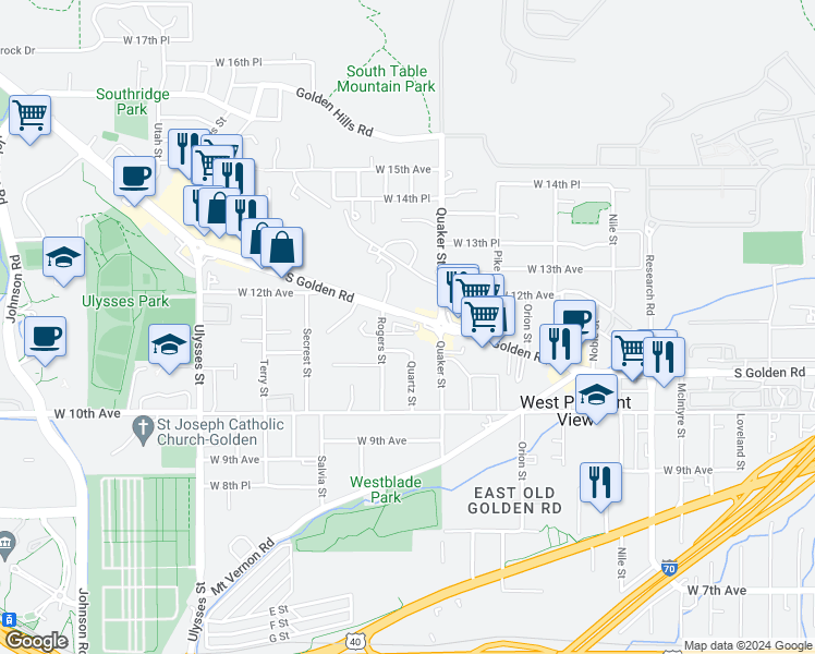 map of restaurants, bars, coffee shops, grocery stores, and more near 16545 West 11th Avenue in Golden