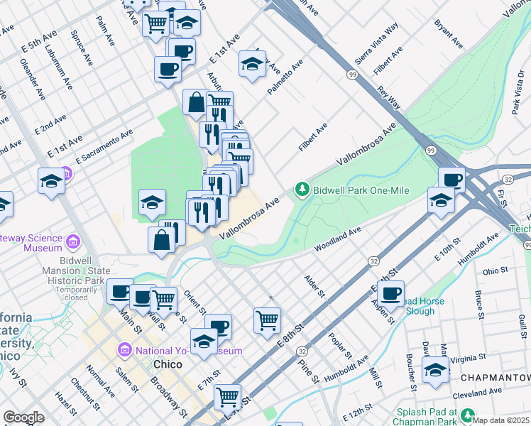 map of restaurants, bars, coffee shops, grocery stores, and more near 555 Vallombrosa Avenue in Chico