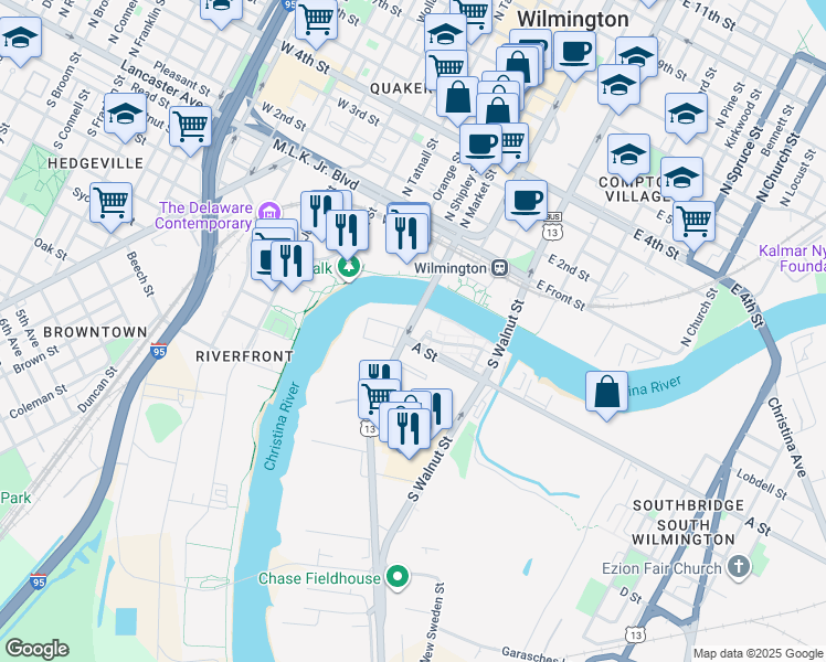 map of restaurants, bars, coffee shops, grocery stores, and more near in Wilmington