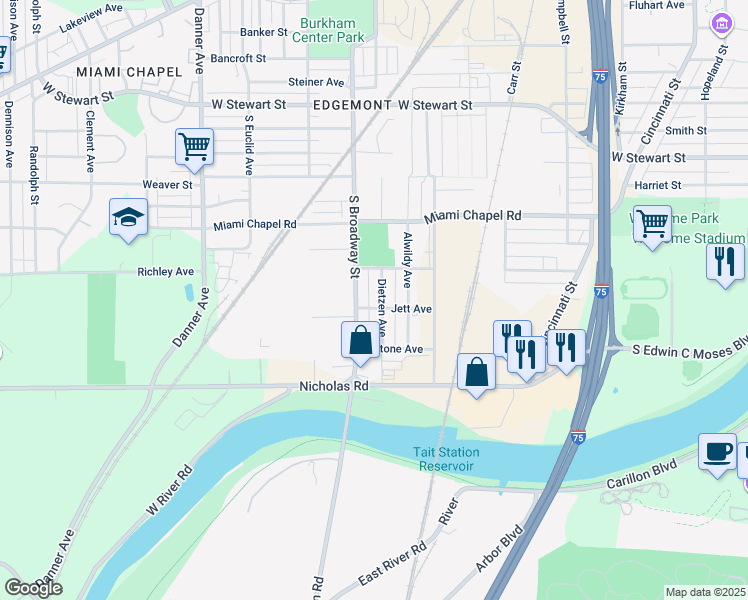 map of restaurants, bars, coffee shops, grocery stores, and more near 1601 Dietzen Avenue in Dayton